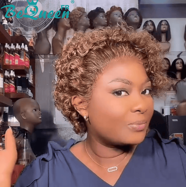 Bequeen Perruque “Coco” Pixie curly Marron Sans colle Frontale Lace style 8
