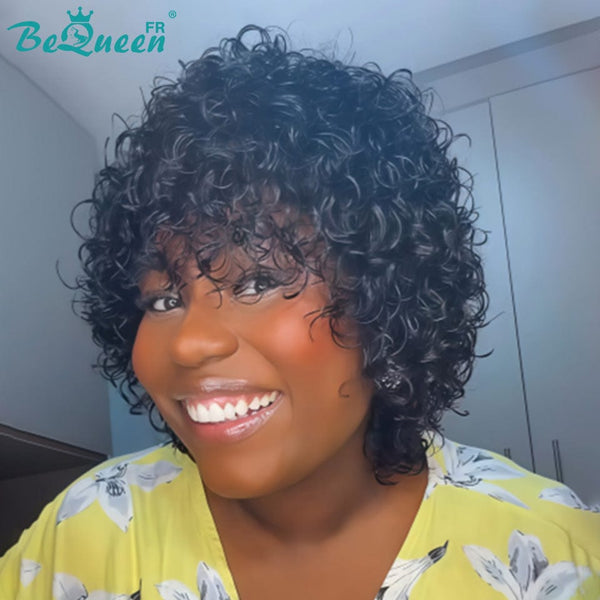 Bequeen Perruque “Coco” Pixie curly noir avec frange Sans colle à la machine