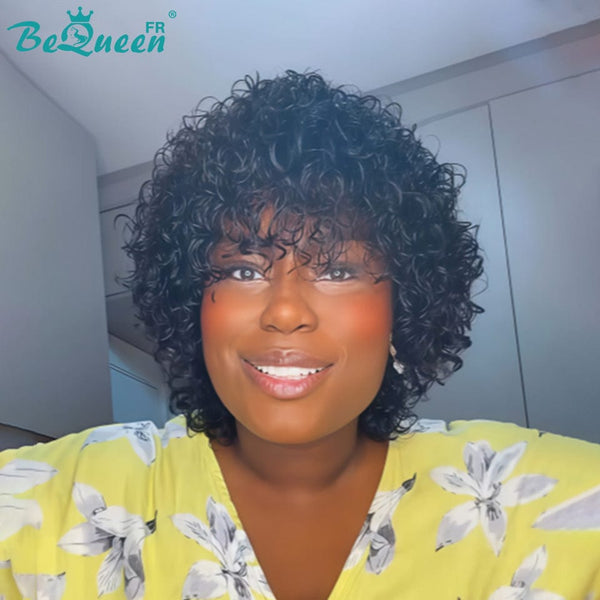 Bequeen Perruque “Coco” Pixie curly noir avec frange Sans colle à la machine