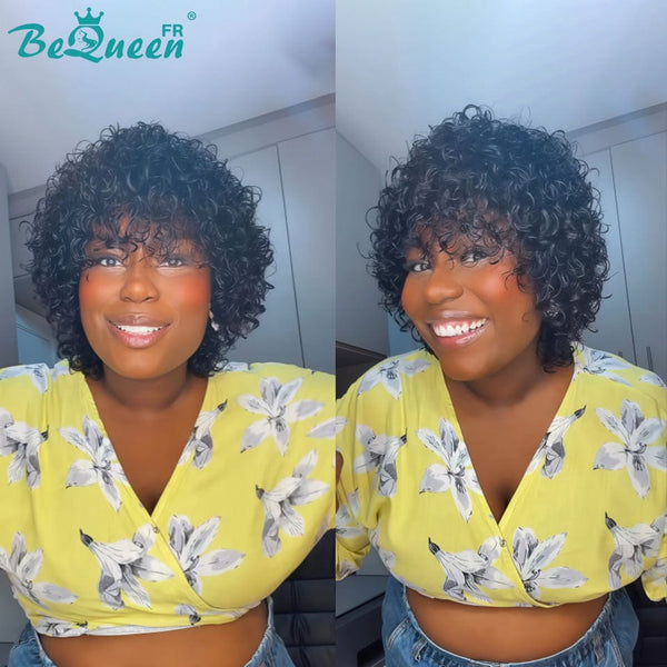 Bequeen Perruque “Coco” Pixie curly noir avec frange Sans colle à la machine