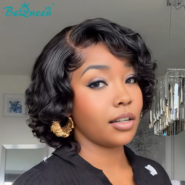 Bequeen Perruque “Coco” Pixie curly noir avec lace frontale Sans colle Avec Raie Du Côté style 6