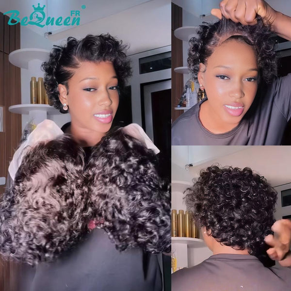 Bequeen Peruca “Suwis” Pixie lisa preta Sem cola Frontal Lace Com Racha Do Lado