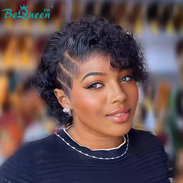 Bequeen Wig “Coco” Pixie curly black Glueless Lace Front With 2 Side Parting