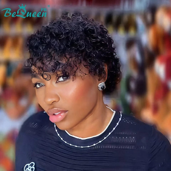 Bequeen Wig “Coco” Pixie curly black Glueless Lace Front With 2 Side Parting