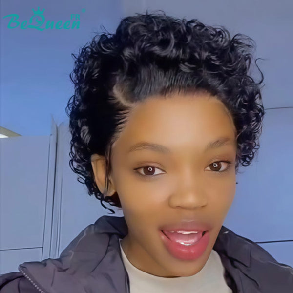 Bequeen Perruque “Coco” Pixie curly noir Sans colle Frontale Lace Avec Raie Du Côté style 3