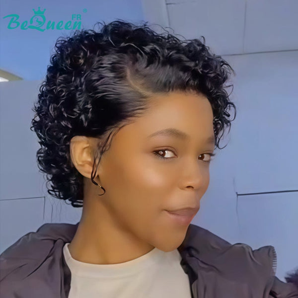 Bequeen Perruque “Coco” Pixie curly noir Sans colle Frontale Lace Avec Raie Du Côté style 3