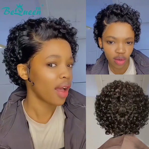 Bequeen Perruque “Coco” Pixie curly noir Sans colle Frontale Lace Avec Raie Du Côté style 3