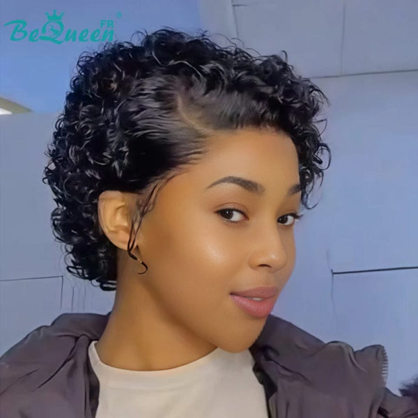 Bequeen Wig “Coco” Pixie curly black Glueless Lace Front With 2 Side Parting