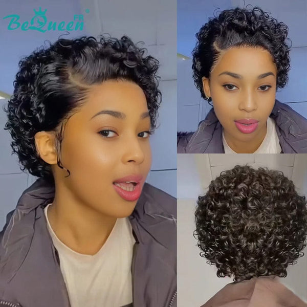 Bequeen Wig “Coco” Pixie curly black Glueless Lace Front With 2 Side Parting