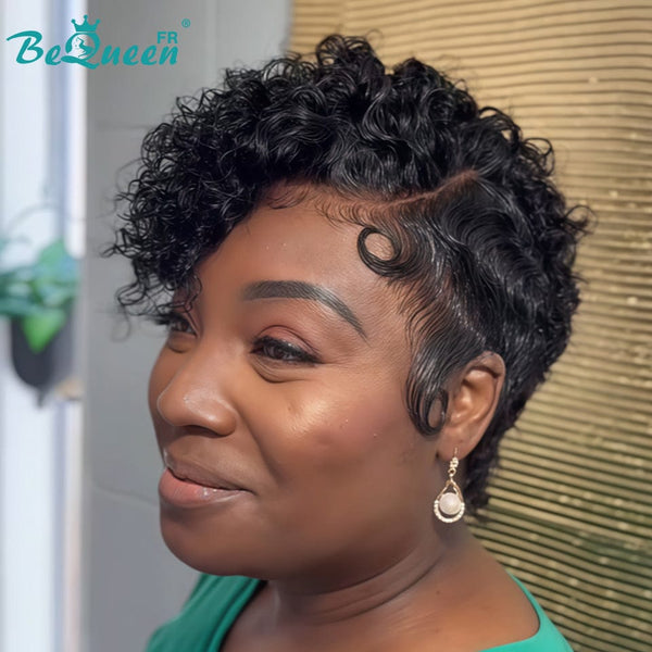 Bequeen Perruque “Coco” Pixie curly noir Sans colle Frontale Lace Avec Raie Du Côté style 4