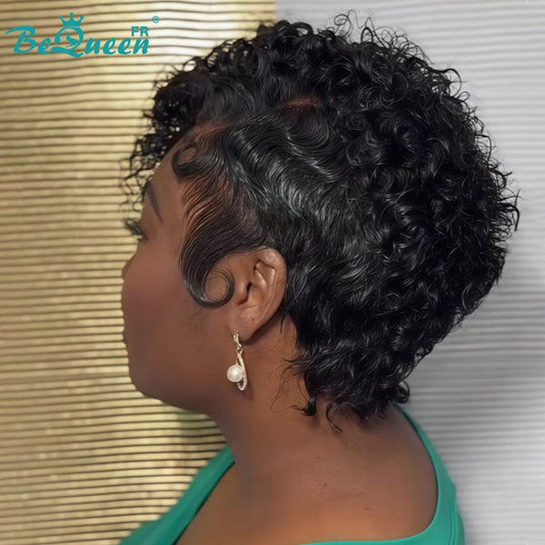 Bequeen Perruque “Coco” Pixie curly noir Sans colle Frontale Lace Avec Raie Du Côté style 4