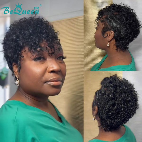 Bequeen Perruque “Coco” Pixie curly noir Sans colle Frontale Lace Avec Raie Du Côté style 4