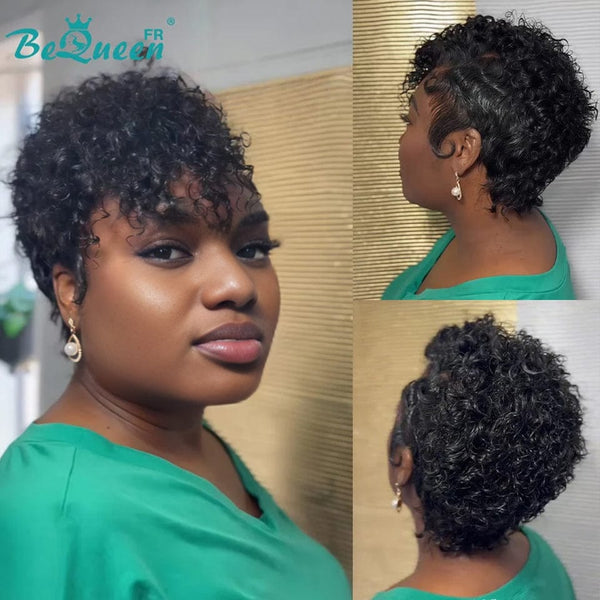 Bequeen Wig “Coco” Pixie curly black Glueless Lace Front With 2 Side Parting