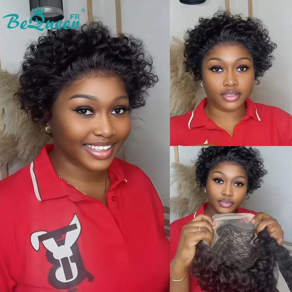 Peruca Bequeen “Coco” Pixie crespa preta Sem cola Estilo de renda frontal 3