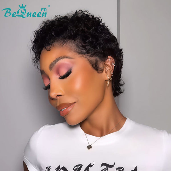 Peluca Bequeen "Coco" estilo Pixie rizada negra sin pegamento con encaje frontal, modelo 3