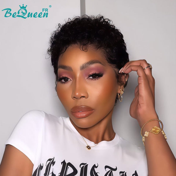 Peluca Bequeen "Coco" estilo Pixie rizada negra sin pegamento con encaje frontal, modelo 3