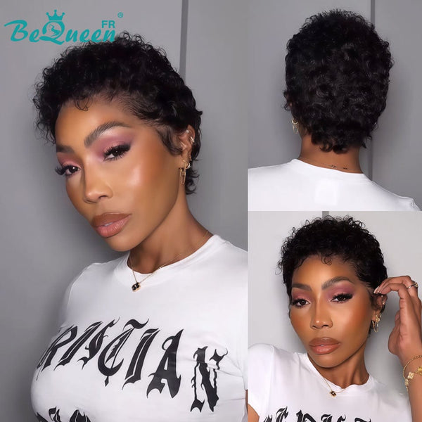 Peluca Bequeen "Coco" estilo Pixie rizada negra sin pegamento con encaje frontal, modelo 3