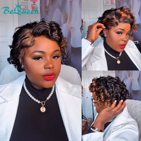 Bequeen Perruque “coco” Pixie Noir mix marron curly sans colle bouclée Prêt à porter 100% cheveux humains