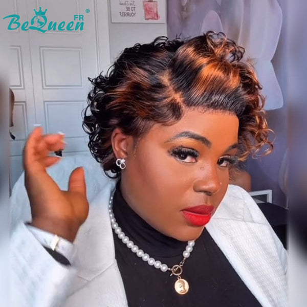 Bequeen Perruque “coco” Pixie Noir mix marron curly sans colle bouclée Prêt à porter 100% cheveux humains