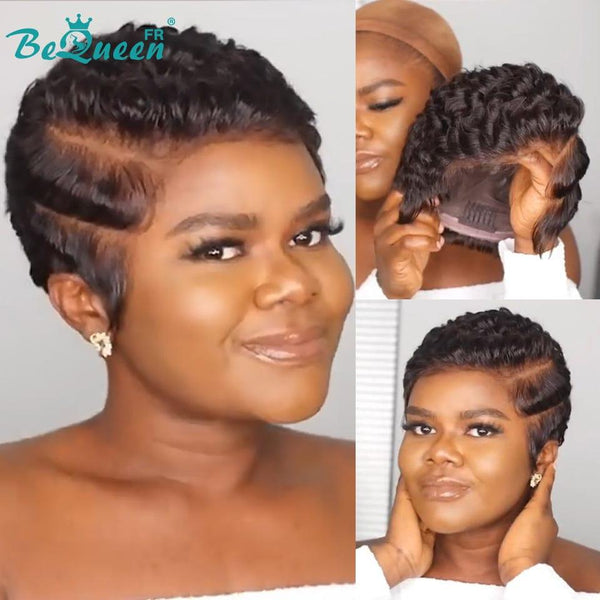 Bequeen Perücke "Fatome" Pixie schwarz lockig ohne Klebstoff fertig zum Tragen 100% menschliches Haar 