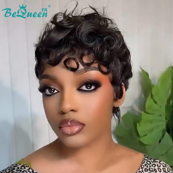 Bequeen Perruque “Forcine” Pixie noir curly sans colle side part bouclée Prêt à porter 100% cheveux humains
