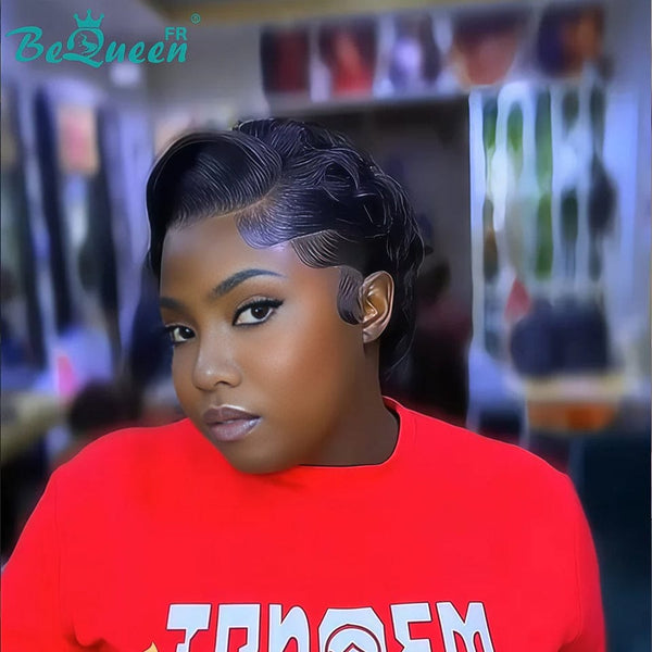 Bequeen Peluca "Suwa" Pixie negro Sin pegamento Frontal En encaje Con raya al lado