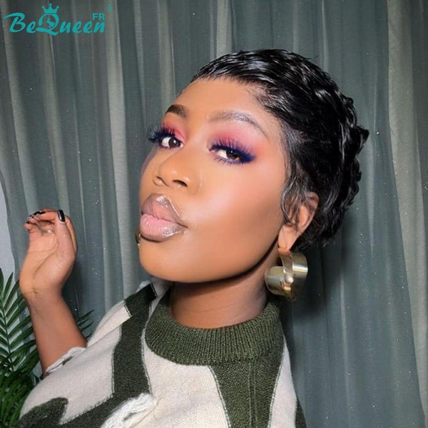 Bequeen Wig "Ivoly" Pixie Black Curly No Glue Ready-to-Wear 100% Human Hair 