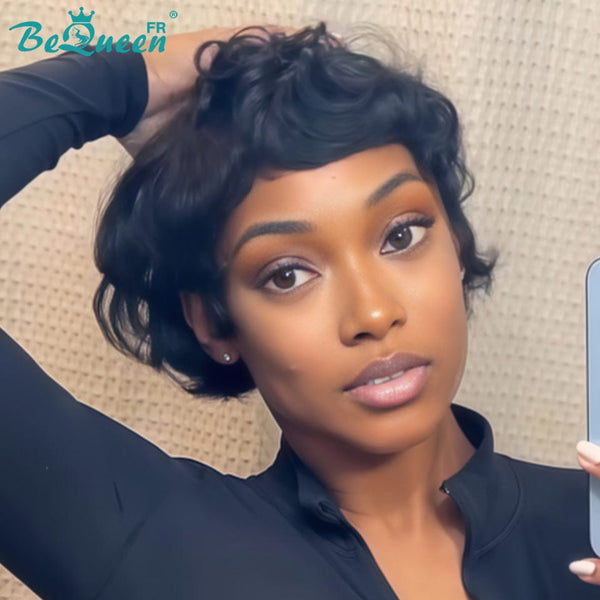Bequeen Perruque “Kehe” Pixie noir lisse lace frontale sans colle Prêt à porter