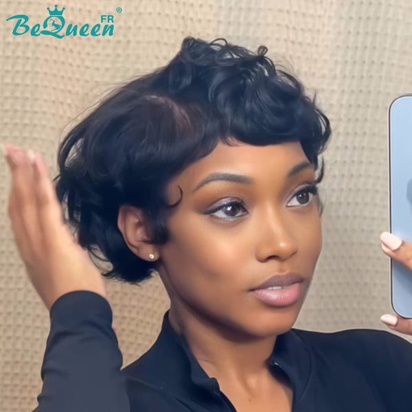 Bequeen Perruque “Kehe” Pixie noir lisse lace frontale sans colle Prêt à porter