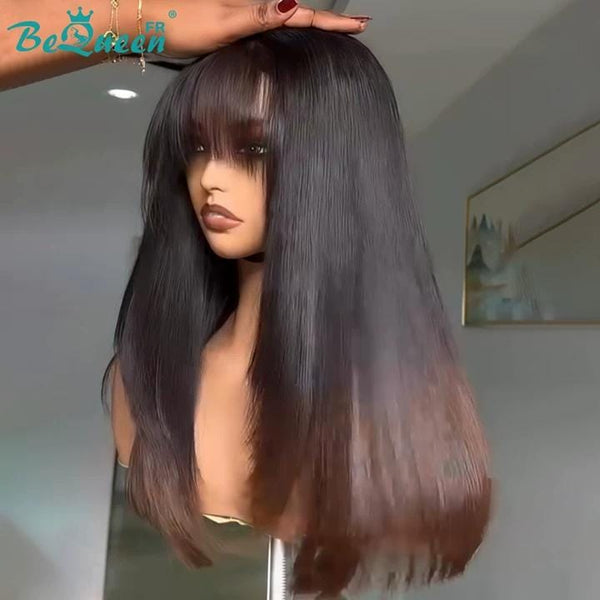 BeQueen Perruque Lisa lisse Noir et Marron avec frange 100% cheveux humains 18 pouces