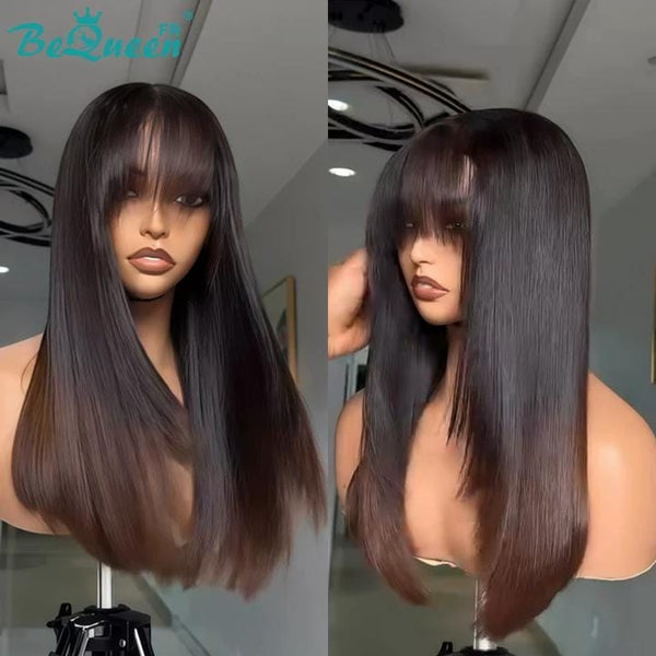BeQueen Perruque Lisa lisse Noir et Marron avec frange 100% cheveux humains 18 pouces
