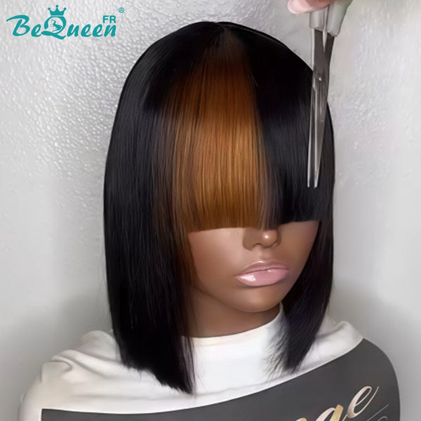 Bequeen Perruque "Lisa" noir mix miel avec frange 100% cheveux humains
