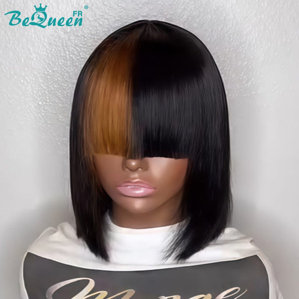 Bequeen Perruque "Lisa" noir mix miel avec frange 100% cheveux humains