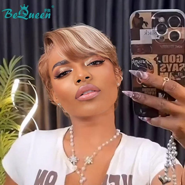 Bequeen Wig “Live” Pixie black curly glueless Brown mix blonde Ready to wear 100% human hair