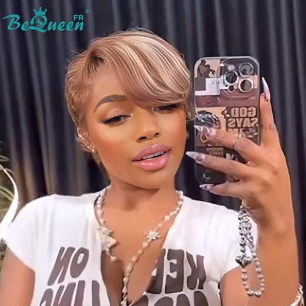 Bequeen Wig “Live” Pixie black curly glueless Brown mix blonde Ready to wear 100% human hair