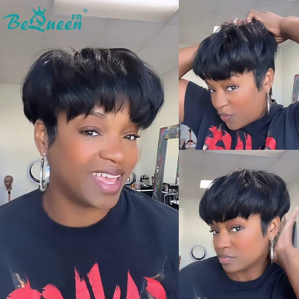 Bequeen Perruque “Mathe” Pixie Topper noir Sans colle Prêt à porter 100% cheveux humains