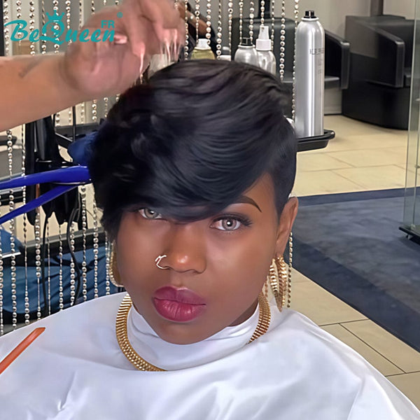Bequeen Wig “Meme” Pixie Topper Straight Black No Glue Ready to Wear 100% Human Hair