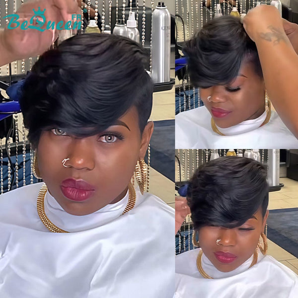 Bequeen Wig “Meme” Pixie Topper Straight Black No Glue Ready to Wear 100% Human Hair