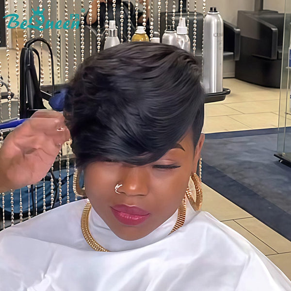 Bequeen Wig “Meme” Pixie Topper Straight Black No Glue Ready to Wear 100% Human Hair