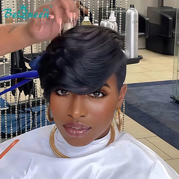 Bequeen Wig “Meme” Pixie Topper Straight Black No Glue Ready to Wear 100% Human Hair