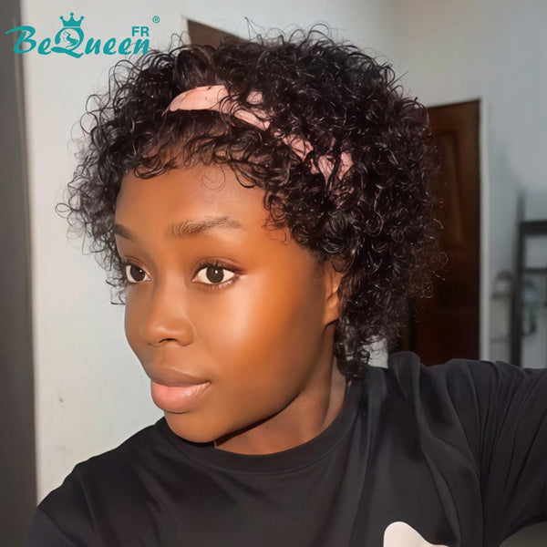 Bequeen Perruque “Suwis” Pixie lisse noir Sans colle Frontale Lace Avec Raie Du Côté