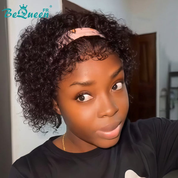 Bequeen Perruque “Suwis” Pixie lisse noir Sans colle Frontale Lace Avec Raie Du Côté