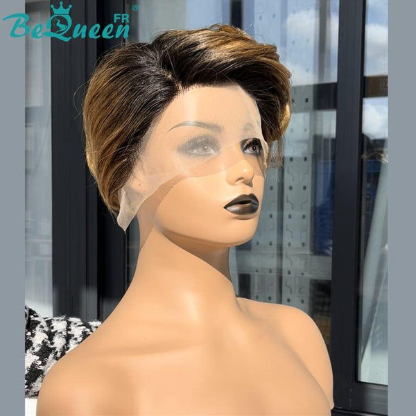 BeQueen Pixie Perücke mit Sassoon Curl T-Teil Wurzel Schwarz und Honig 