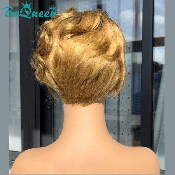 BeQueen Pixie Perücke mit Sassoon Curl T-Teil Wurzel Schwarz und Honig 