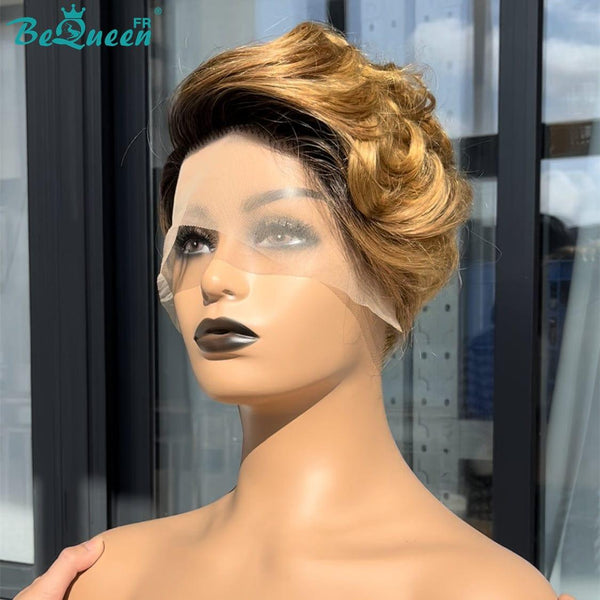 BeQueen Pixie Perücke mit Sassoon Curl T-Teil Wurzel Schwarz und Honig 