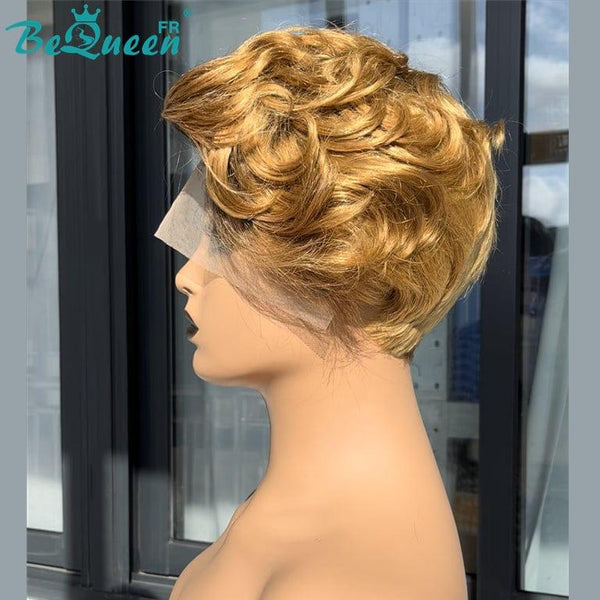 BeQueen Pixie Perücke mit Sassoon Curl T-Teil Wurzel Schwarz und Honig 