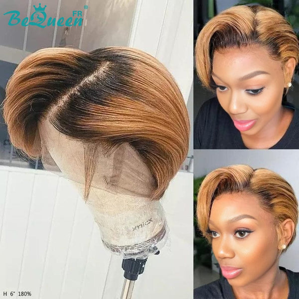 BeQueen Pixie Perücke mit Locken-T-Teil, Wurzelschwarz und Honig 