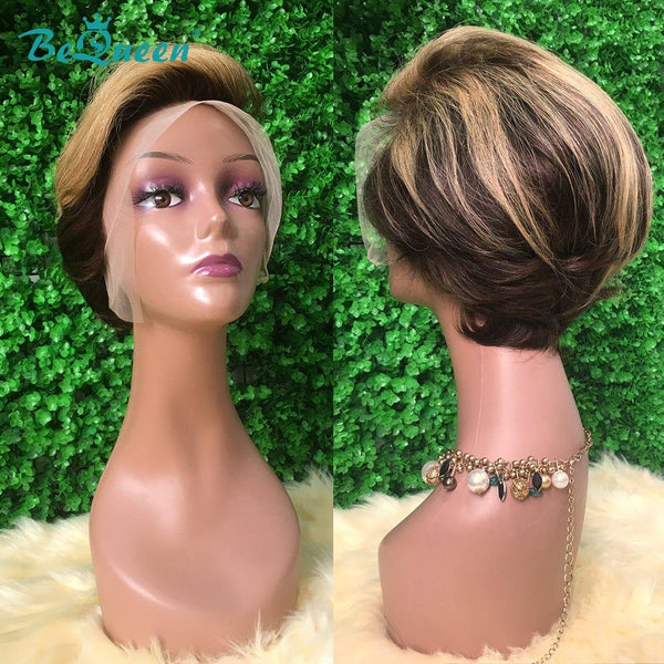 BeQueen Peruca Pixie Lisse cortes a Dentelle T Parte de Cabelo Castanho Escuro e Mel