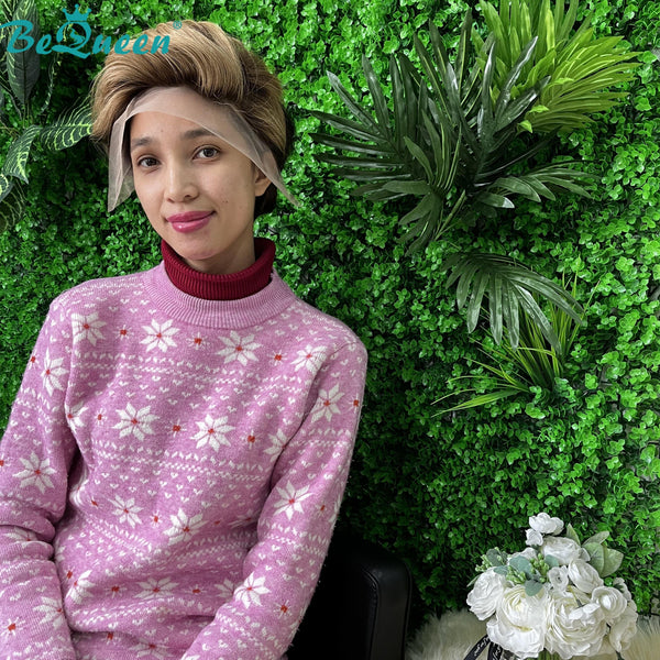 BeQueen Peruca Pixie Lisse cortes a Dentelle T Parte de Cabelo Castanho Escuro e Mel