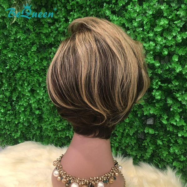 BeQueen Peruca Pixie Lisse cortes a Dentelle T Parte de Cabelo Castanho Escuro e Mel